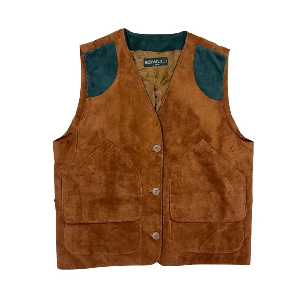 VTG Suede Vest M Pig Leather Two Way Pockets Outdoor Hiking Utility Photography